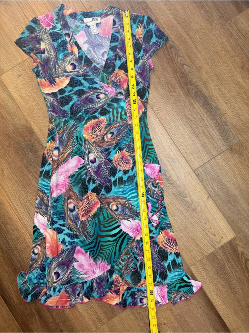 Joseph Ribkoff Faux Wrap Dress Peacock Print Ruffle Hem Stretch Midi Colorful - Picture 14 of 15